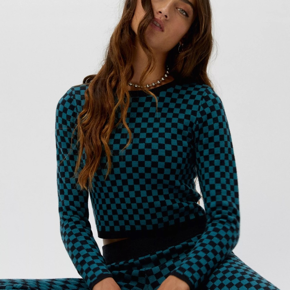 NWT daydreamer cropped sweater top checked teal blue super soft